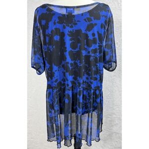 Worthington Women's 1X Blue Black Floral Sheer Chiffon Blouse Dark Floral‎ Fairy